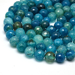 Cyan Natural Crackle Agate Bead Strands, Round, Grade A, Faceted, Dyed, Cyan, 10mm, Hole: 1mm, about 37pcs/strand, 15 inch
