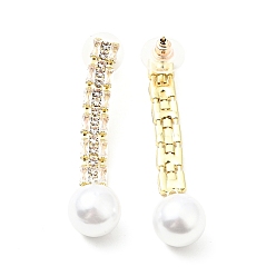 Rectangle Crystal Rhinestone Dangle Stud Earrings with Imitation Pearl, Brass Long Tassel Earrings with 925 Sterling Silver Pins for Women, Light Gold, Rectangle Pattern, 53mm, Pin: 0.8mm
