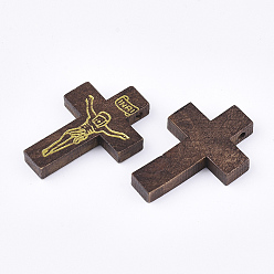 Brun De Noix De Coco Pendentifs en bois imprimées, crucifix croix, pour Pâques, teint, brun coco, 32.5~33.5x21~22x4.5mm, Trou: 2mm