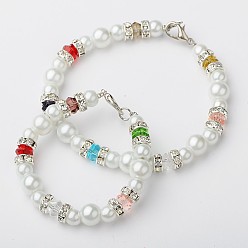 Mixed Color Glass Pearl Round Beads Jewelry Sets for Mother and Kids, Bracelets with Alloy Lobster Claw Clasps, Glass Bicone Beads and Brass Middle East Rhinestone Beads, Silver Color Plated, Colorful, 195mm, 150mm