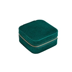 Vert Foncé Boîtes à fermeture éclair pour organisateur de bijoux en velours, étui à bijoux de voyage portable pour bagues, carrée, vert foncé, 10x10x5 cm