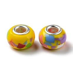 Yellow Bohemian Style Resin European Beads, Large Hole Beads, Rondelle, Platinum Color Core, Yellow, 14x9.5mm, Hole: 4.8mm
