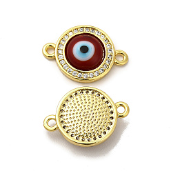 Red Rack Plating Real 18K Gold Plated Brass Micro Pave Clear Cubic Zirconia Connector Charms, Flat Round with Evil Eye Links, with Handmade Lampwork, Cadmium Free & Lead Free, Long-Lasting, Red, 18.5x13x4mm, Hole: 1.4mm