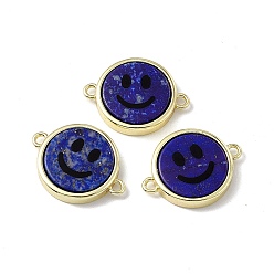 Lapis Lazuli Natural Lapis Lazuli Connector Charms, Flat Round with Smiling Face Links, with Rack Plating Golden Tone Brass Findings, Cadmium Free & Lead Free, 15.5x20x3mm, Hole: 1.6mm