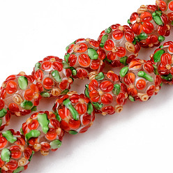 Orange Red Handmade Lampwork Beads Strands, Bumpy, Round with Flower, Orange Red, 12~13x11~12mm, Hole: 1mm, about 40pcs/strand, 16.69 inch(42.4cm)