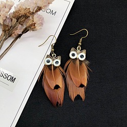 Sandy Brown Alloy Owl with Feather Dangle Earrings, Long Drop Earrings for Women, Sandy Brown, 50x50mm