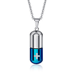 Blue & Stainless Steel Color Two Tone 316L Stainless Steel Pill with Cross Urn Ashes Pendant Necklace with Cable Chains, Memorial Jewelry for Men Women, Blue & Stainless Steel Color, 19.69 inch(50cm)