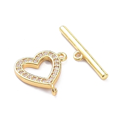 Golden Brass Micro Pave Clear Cubic Zirconia Toggle Clasps, Heart, Golden, Heart: about 14mm wide, 14mm long, 1.5mm thick, Hole: 1mm, Bar: 4x19.5x2mm, Hole: 1mm