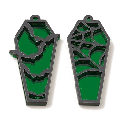 Green Opaque Acrylic Pendants, Coffin with Bat and Spider Web, for Halloween, Green, 47.5x20x3.5mm, Hole: 1.6mm, 2pcs/set