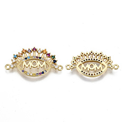 Real 16K Gold Plated Brass Micro Pave Colorful Cubic Zirconia Links Connectors, for Mother's Day, Cadmium Free & Nickel Free & Lead Free, Eye with Mom, Real 16K Gold Plated, 14.5x27x2mm, Hole: 1.2mm