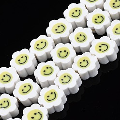 White Handmade Polymer Clay Bead Strands, Flower with Smile, White, 8~10x8~10x4~5mm, Hole: 1.2~1.6mm, about 38~40pcs/strand, 12.99 inch~15.94 inch(33~40.5cm)