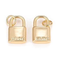 Real 18K Gold Plated Brass Charms, Inspirational Message Charms, with Jump Rings, Long-Lasting Plated, Lock with Word Believe, Real 18K Gold Plated, 13.8x8.3x3.1mm, Hole: 3.4mm