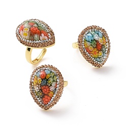 Разноцветный Регулируемая капля лэмпворк с цветочным кольцом со стразами, золотые латунные счастливые украшения для женщин, красочный, внутренний диаметр: 18~22.5 мм
