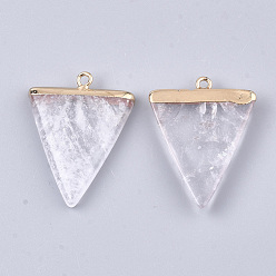 Quartz Crystal Electroplate Natural Quartz Crystal Pendants, Rock Crystal Pendants, with Iron Findings, Triangle, Golden, 30~34x23x5~5.5mm, Hole: 1.6mm
