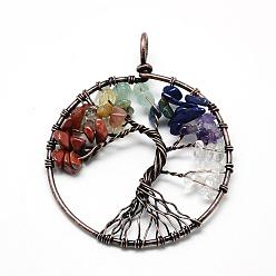 Mixed Stone Natural/Synthetic Mixed Stone Chip Big Pendants, with Brass Wires, Tree, Red Copper, 62~65x48~53x5~10mm, Hole: 4mm