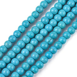 Bleu Ciel Foncé Perles synthétiques turquoise brins, teint, ronde, bleu profond du ciel, 4mm, Trou: 1mm, Environ 110 pcs/chapelet, 15.6 pouce