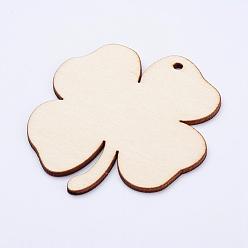 Antique White Undyed Wood Blank Tag Big Pendants, Clover, Antique White, 80x70x2.5mm, Hole: 3mm