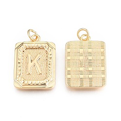 Letter K Brass Pendants, with Jump Rings, Cadmium Free & Nickel Free & Lead Free, Rectangle with Letter, Real 18K Gold Plated, Letter.K, 22.5x16x2mm, Jump Ring: 5x1mm, 3mm inner diameter