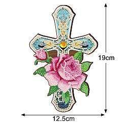 Pink Religion Cross & Flower DIY Diamond Painting Pendant Decoration Kit, Including Resin Rhinestones Bag, Diamond Sticky Pen, Tray Plate and Glue Clay, Pink, 190x125mm