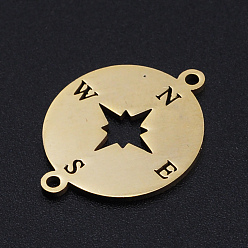 Oro 201 conectores de eslabones de acero inoxidable, Corte con laser, brújula, dorado, 23x17.5x1 mm, agujero: 1.4 mm