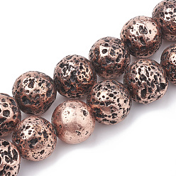 Copper Plated Electroplated Natural Lava Rock Beads Strands, Round, Copper Plated, 8~9mm, Hole: 1mm, about 46pcs/strand, 14.76 inch