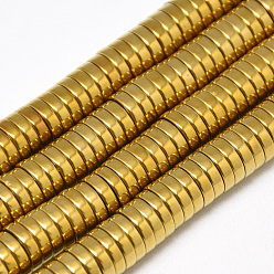 Golden Plated Electroplate Non-magnetic Synthetic Hematite Beads Strands, Heishi Beads, Flat Round/Disc, Golden Plated, 10x2mm, Hole: 1mm, about 192pcs/strand, 16.1 inch