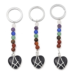 Blue Goldstone Synthetic Blue Goldstone Heart Keychain, with Chakra Gemstone Bead and Platinum Tone Rack Plating Brass Findings, 10.5cm