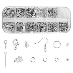 Platinum DIY Earring Making Finding Kit, Including Alloy Lobster Claw Clasps, Plastic Ear Nuts, Brass Crimp Beads, Iron Screw Eye Pin Peg Bails & Crimp Ends & Earring Hooks & Jump Rings, Platinum, 986Pcs/box