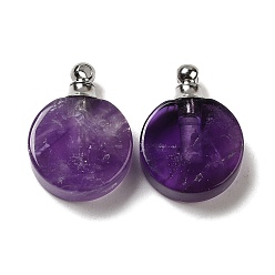 Amethyst Natural Amethyst Perfume Bottle Pendants, Flat Round Charms with Stainless Steel Color Plated 304 Stainless Steel Findings, 27.5x20x7~7.5mm, Hole: 2mm