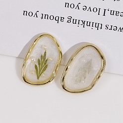 Ghost White Transparent Epoxy Reisn Alloy Nuggets Cabochons, Golden, with Inner Flower, Ghost White, 24x16mm