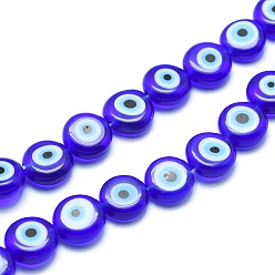 Azul Hechos a mano de cristal de murano mal de ojo planas hebras de perlas redondas, azul, 6x3 mm, agujero: 1 mm, sobre 65 unidades / cadena, 14 pulgada