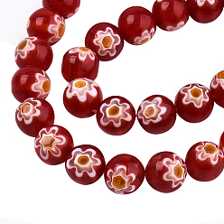 Red Handmade Millefiori Glass Beads Strands, Round with Flower Pattern, Red, 10mm, Hole: 1.2mm, about 36~38pcs/strand, 13.78 inch~14.88 inch(35cm~37.8cm)