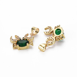 Real 18K Gold Plated Brass Micro Pave Green Cubic Zirconia Pendants, Nickel Free, Crab, Real 18K Gold Plated, 14x16.5x4.5mm, Hole: 3x5mm