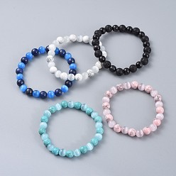 Mixed Stone Natural & Synthetic Gemstone Stretch Bracelets, with Cat Eye Round Beads, 2-3/8 inch(6cm)