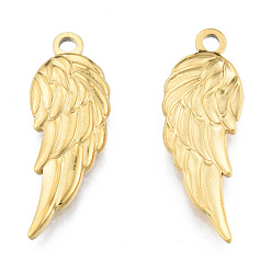 Real 18K Gold Plated Ion Plating(IP) 201 Stainless Steel Pendants, Wing, Real 18K Gold Plated, 30.5x11x2.5mm, Hole: 2mm