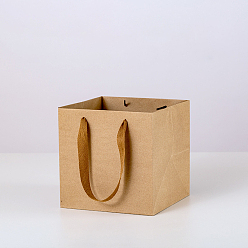 Tan Solid Color Kraft Paper Gift Bags with Ribbon Handles, for Birthday Wedding Christmas Party Shopping Bags, Square, Tan, 25x25x25cm