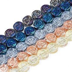 Mixed Color Electroplate Glass Beads Strand, Flat Round with Rose Flower, Mixed Color, 10x4mm, Hole: 0.9mm, about 65~66pcs/strand, 24.80 inch~ 25.20 inch(63~64cm)