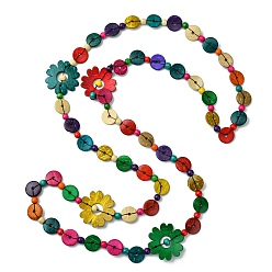 Colorful Dyed Natural Coconut Flower & Flat Round Beaded Necklaces, Bohemian Jewelry for Women, Colorful, 61.42 inch(156cm)