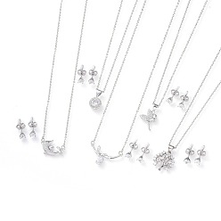 Stainless Steel Color 304 Stainless Steel Jewelry Sets, Brass Micro Pave Cubic Zirconia Pendant Necklaces and 304 Stainless Steel Stud Earrings, with Ear Nuts/Earring Back, Mixed Shapes, Stainless Steel Color, 17.3~18.8 inch(44~48cm), 5.5x4mm, Pin: 0.8mm