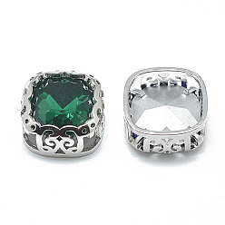 Emerald Sew on Rhinestone, Multi-strand Links, Glass Rhinestone, with Platinum Tone Brass Findings, Garments Accessories, Square, Emerald, 14.5x14.5x7mm