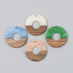 Mixed Color Opaque Resin & Walnut Wood Pendants, Flat Round, Mixed Color, 28x3mm, Hole: 2mm