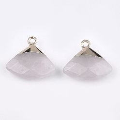 Rose Quartz Electroplate Natural Rose Quartz Pendants, with Brass Findings, Faceted, Triangle, Golden, 17~18x19~20x6~7mm, Hole: 1.8mm