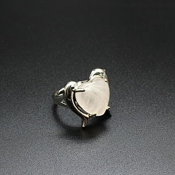 Розовый Кварц Регулируемые кольца в форме сердца из натурального розового кварца, платиновое латунное кольцо, размер США 8 (18.1 мм)