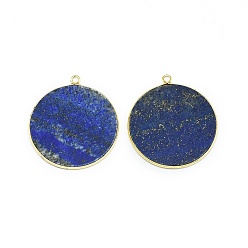 Lapis Lazuli Naturelles lapis-lazuli pendentifs, avec les accessoires en laiton, plat rond, or, 32~34x28.5~31x2mm, Trou: 1.6mm