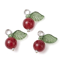Dark Red Natural Dyed White Jade Fruit Charms, with Acrylic Leaf and Platinum Plated Brass Loops, Dark Red, 13x12x6mm, Hole: 2mm