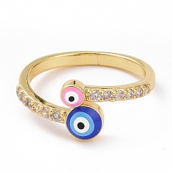 Blue Enamel Evil Eye Open Cuff Ring with Clear Cubic Zirconia, Gold Plated Brass Jewelry for Women, Cadmium Free & Lead Free, Blue, US Size 8 3/4(18.7mm)