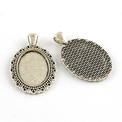 Antique Silver Tibetan Style Oval Alloy Pendant Cabochon Settings, Lead Free & Cadmium Free, Antique Silver, Tray: 25x18mm, Fit For 1.5mm, 43x27x7mm, Hole: 6mm, 185pcs/1000g