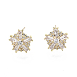 Real 18K Gold Plated Clear Cubic Zirconia Snowflake Stud Earrings with Glass, Brass Jewelry for Women, Nickel Free, Real 18K Gold Plated, 12mm, Pin: 0.8mm