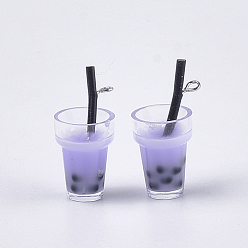 Lilac Plastic Cup Pendants, with Resin Inside and Iron Findings, Imitation Bubble Tea/Boba Milk Tea, Lilac, 23~28x13~17x13mm, Hole: 1.8mm