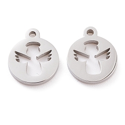 Stainless Steel Color 304 Stainless Steel Charms, Laser Cut, Flat Round with Angel, Stainless Steel Color, 13x11x1.5mm, Hole: 1.4mm